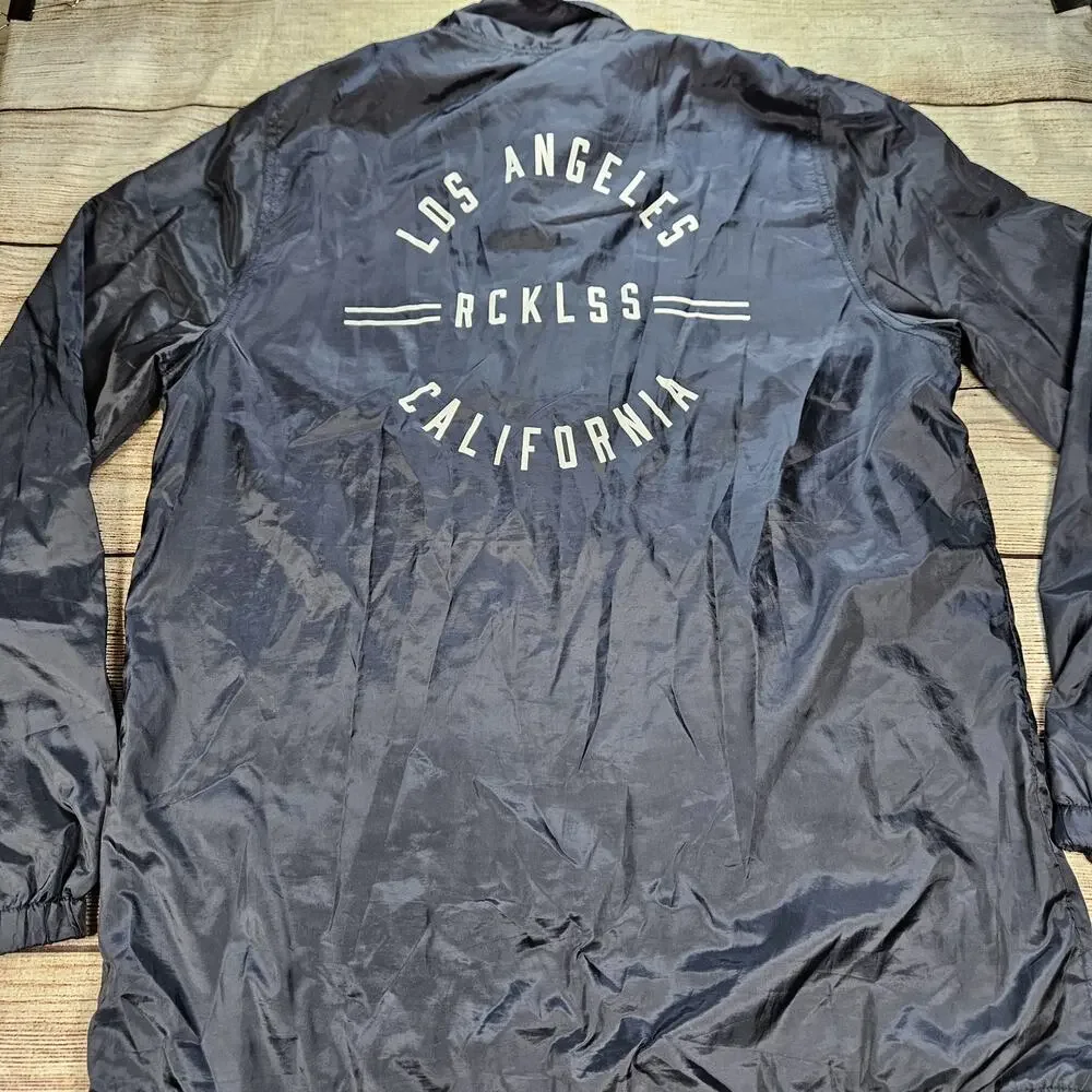 Young & Reckless Windbreaker Mens Size Small Snap Button Nylon Blue